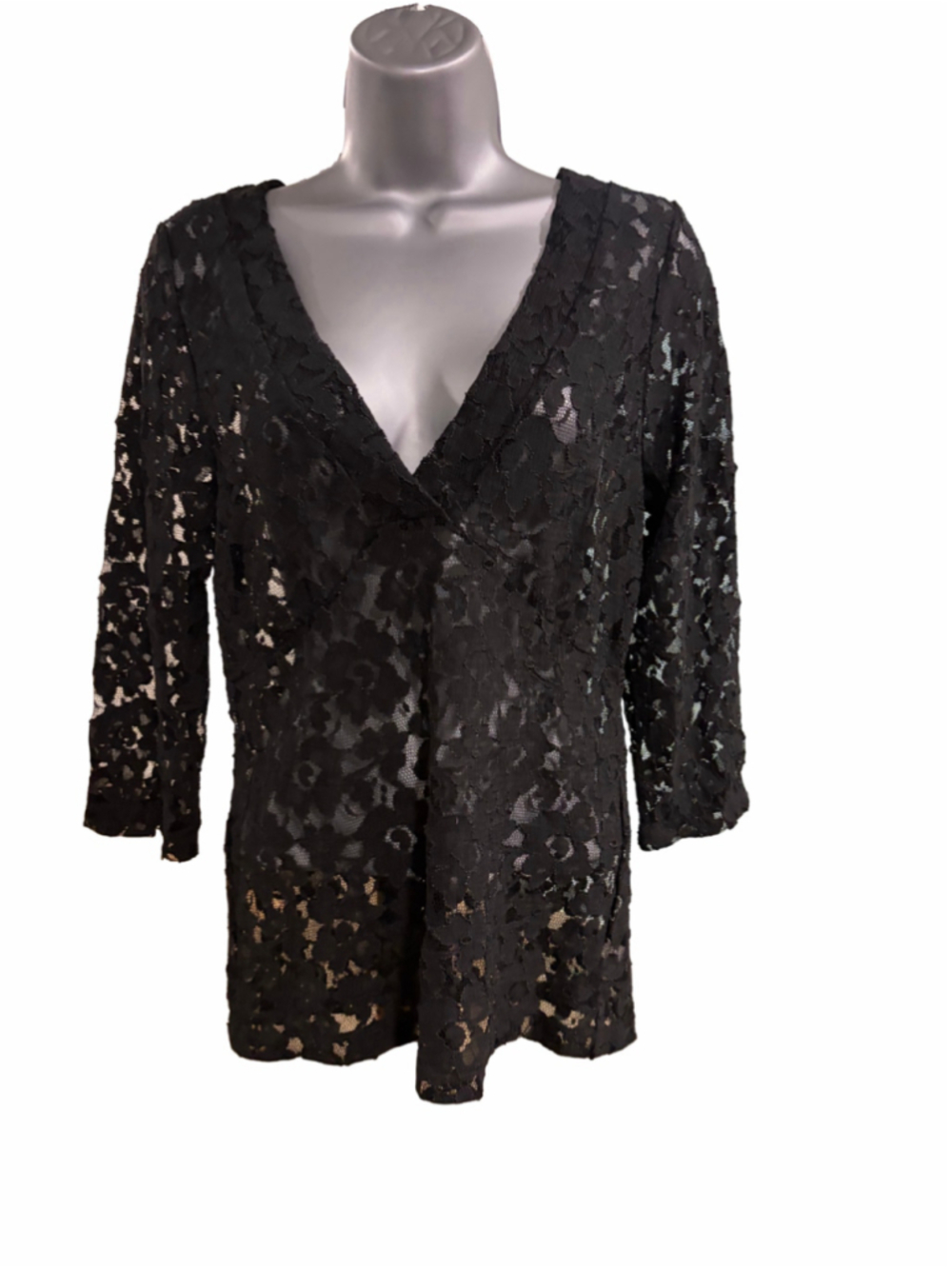 56. Women's Perfect Fit Black Lace V-Neck Blouse Size M